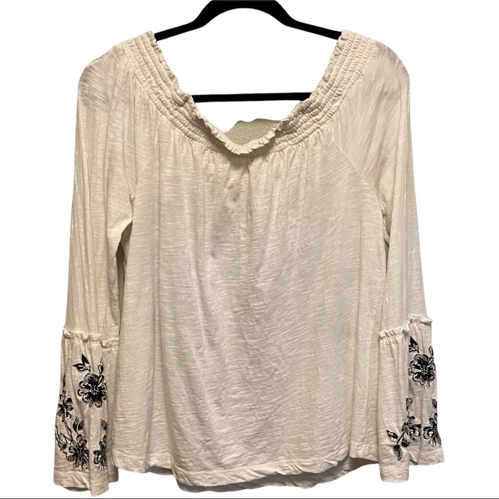 A By Anthropologie WHITE Off Shoulder Black Floral Embroidered Cottagecore Top - Picture 6 of 11